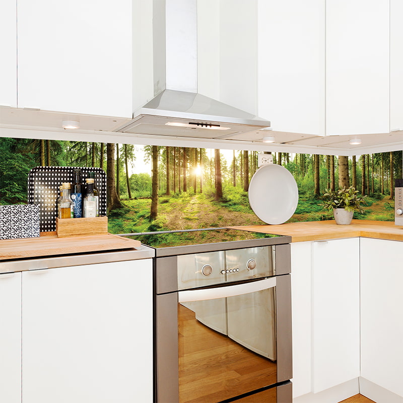 Revestimiento para cocina autoadhesivo - Rayos de sol en el bosque