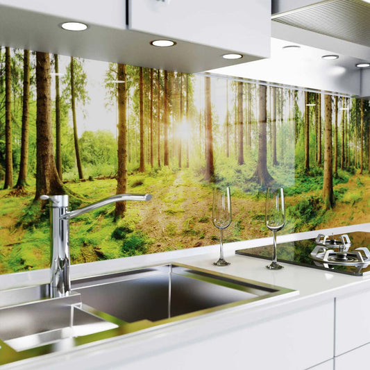 Küchenrückwand in Glasoptik - Sonnenstrahlen im Wald