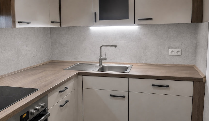 Dieselbe Küche nachher mit Küchenrückwand Beton