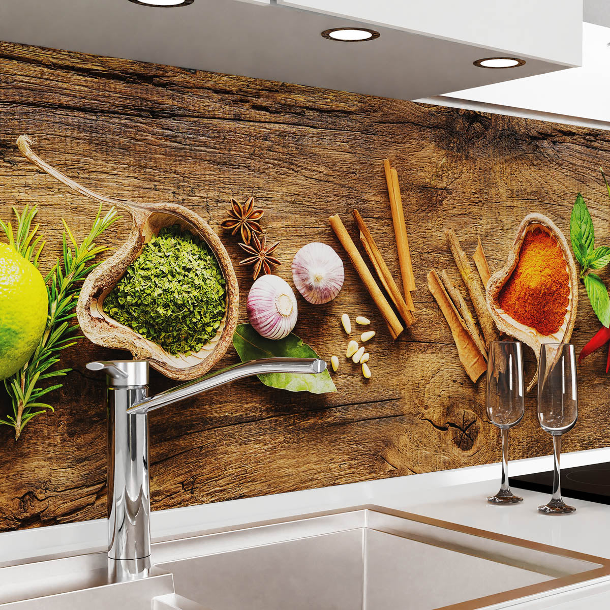 Küchenrückwand selbstklebend - Gewürze auf Holz