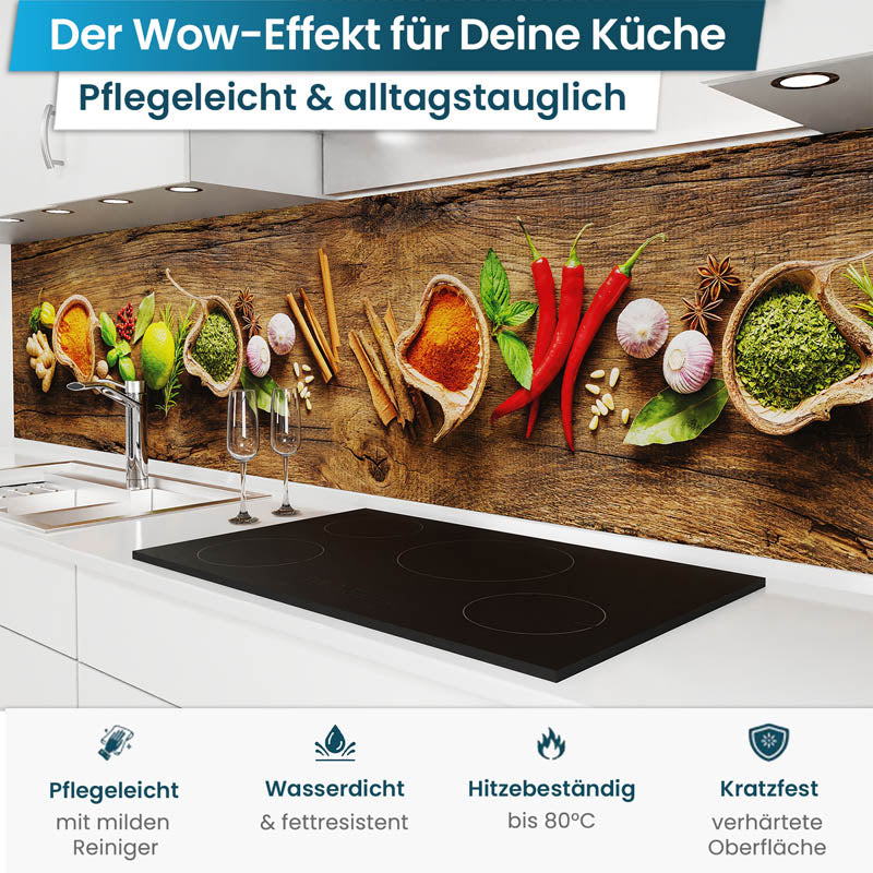 Küchenrückwand selbstklebend - Gewürze auf Holz