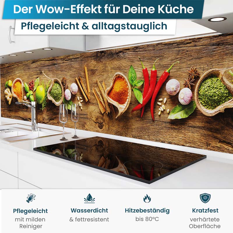 Küchenrückwand selbstklebend - Gewürze auf Holz