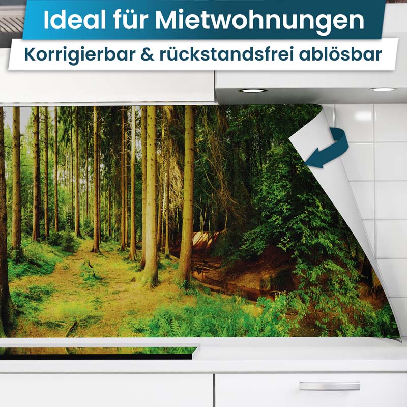 Küchenrückwand selbstklebend - Sonnenstrahlen im Wald