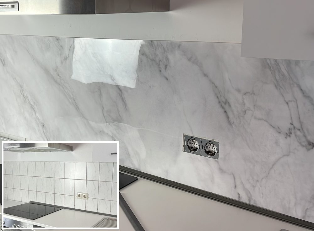 Küche in Marmoroptik: alte Wand vorher, danario Küchenrückwand nachher