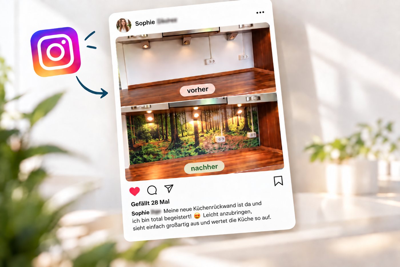 Instagram-Post mit Vorher-Nachher einer neuen Küchenrückwand